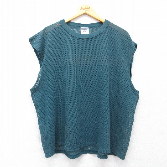 XL★古着 ジャージーズ ノースリーブ ビンテージ Tシャツ メンズ 90年代 90s 無地 メッシュ地 大きいサイズ クルーネック USA製 濃緑 26apr18