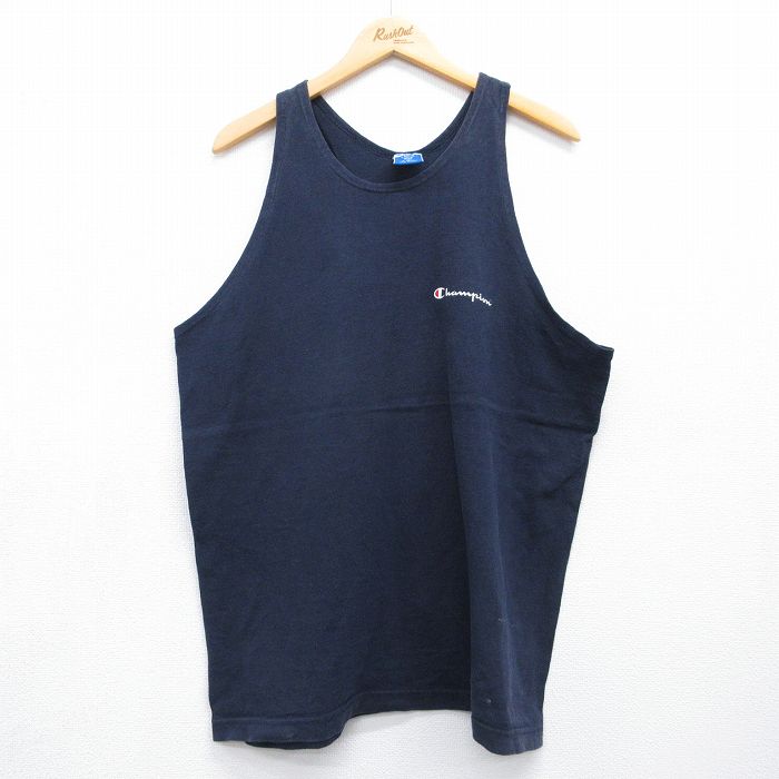 XL★古着 チャンピオン champion ビンテージ タンクトップ メンズ 90年代 90s ワンポイントロゴ コットン クルーネック ネイビー 26jun04