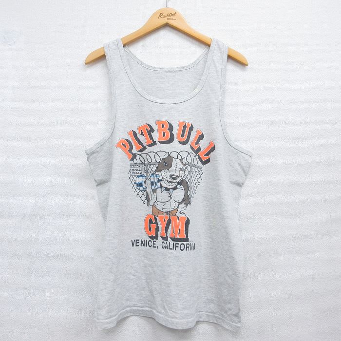 L★古着 ビンテージ タンクトップ メンズ 80年代 80s PITBULL GYM 犬 クルーネック グレー 霜降り 26jun04