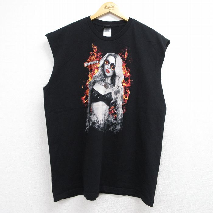 XL★古着 ハーレーダビッドソン ノースリーブ Tシャツ メンズ ビッグロゴ 女性 大きいサイズ コットン クルーネック USA製 ブラック 26jun10
