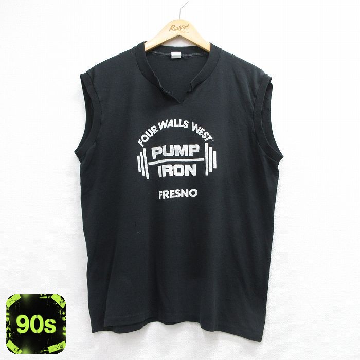 【20%OFF】90s ノースリーブTシャツ PUMP IRON ブラック メンズL相当 | 古着