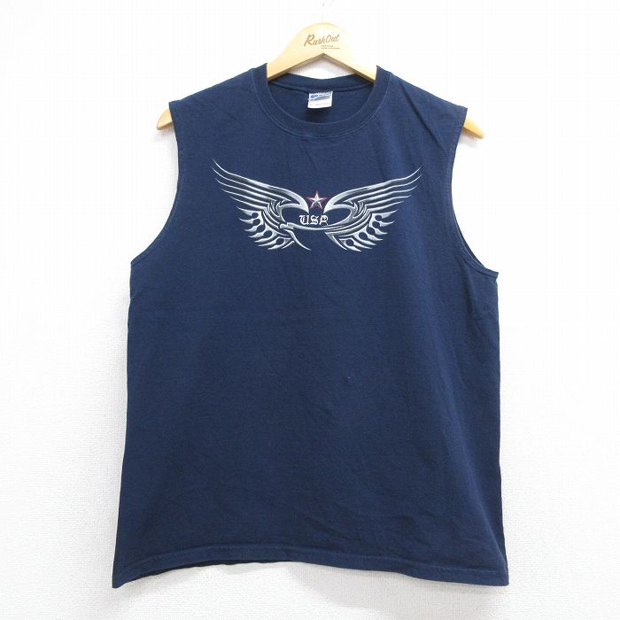 L★古着 ノースリーブ ビンテージ Tシャツ メンズ 00年代 00s USAロゴ スターウイング コットン クルーネック ネイビー 26jun11