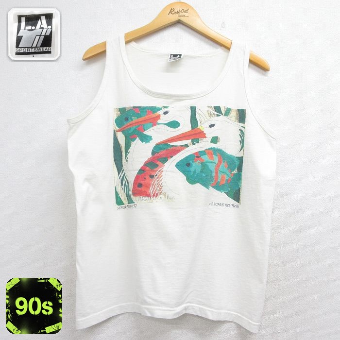 古着通販 L☆古着 ビンテージ タンクトップ メンズ 90年代 90s 鳥 魚