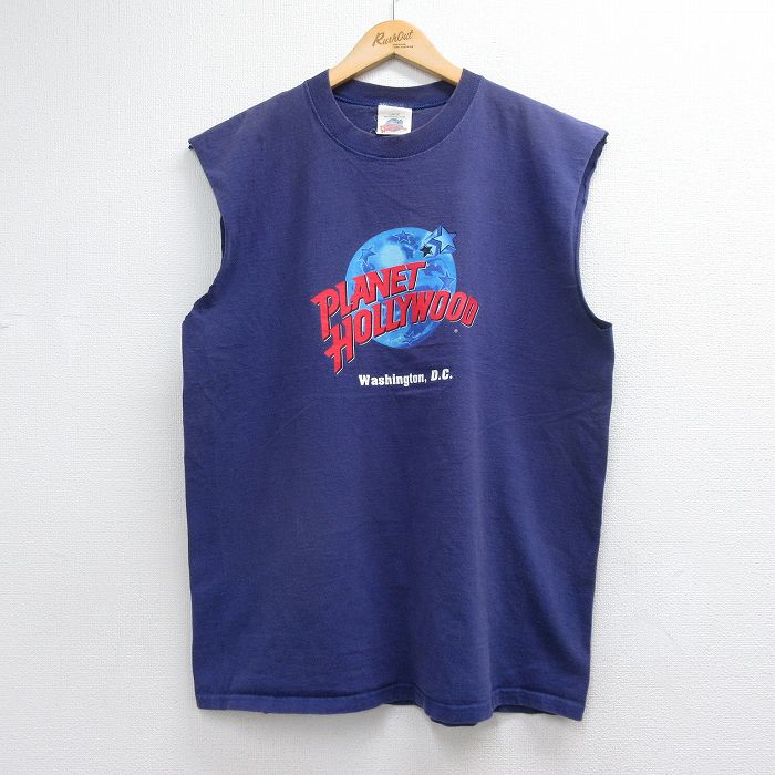XL★古着 ノースリーブ ビンテージ Tシャツ メンズ 90年代 90s プラネットハリウッド コットン クルーネック USA製 ネイビー 26jul03