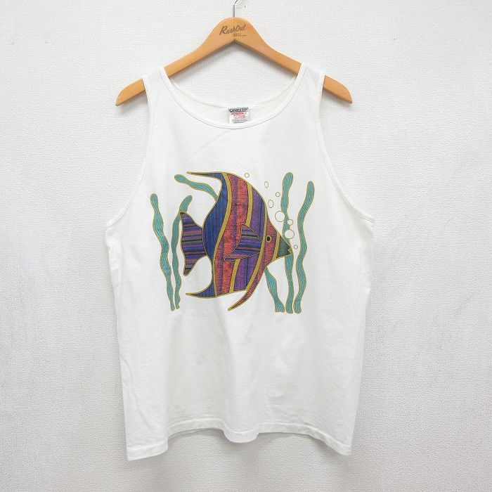 オニータ 90s タンクトップ 魚 ホワイト メンズXL相当 | 古着