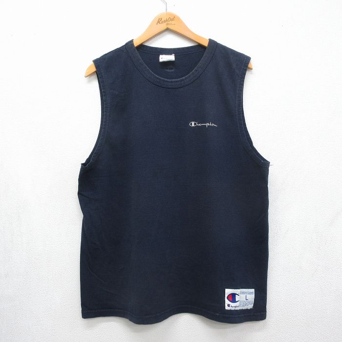 チャンピオン 00s ノースリーブTシャツ ワンポイントロゴ ネイビー メンズXL相当 | 古着