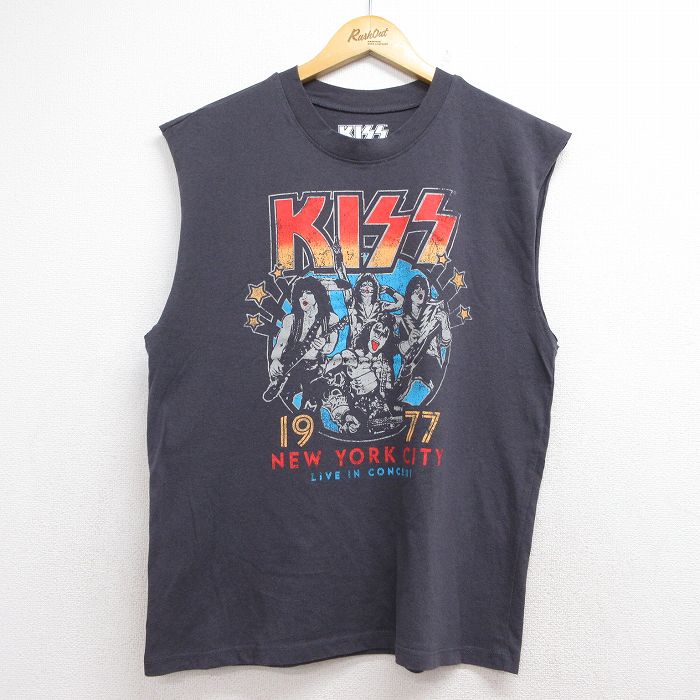 ノースリーブロックTシャツ KISSプリント グレー メンズL相当 | 古着