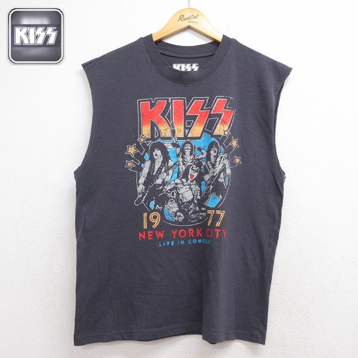 ノースリーブロックTシャツ KISSプリント グレー メンズL相当 | 古着