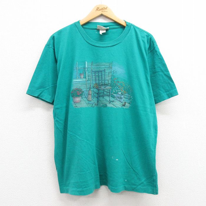 【50%OFF】XL★古着 半袖 ビンテージ Tシャツ メンズ 90年代 90s 花 大きいサイズ コットン クルーネック USA製 青緑 23jun07 中古