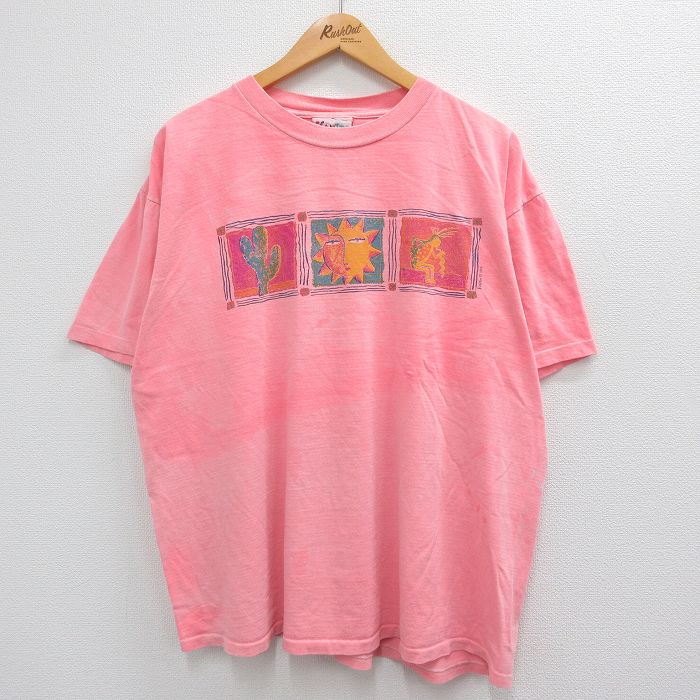 【50%OFF】XL★古着 半袖 ビンテージ Tシャツ メンズ 90年代 90s 太陽 サボテン 大きいサイズ コットン クルーネック USA製 ピンク 23jun19 中古
