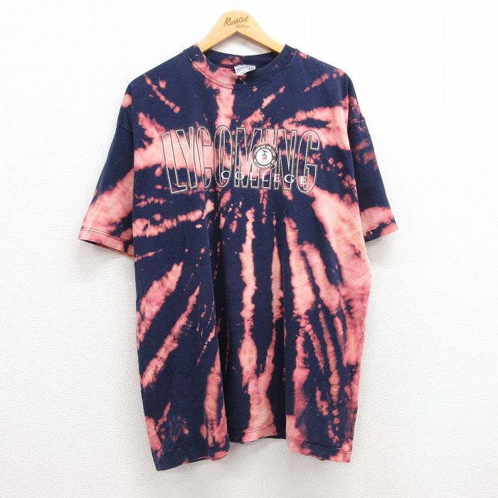 【50%OFF】XL★古着 半袖 ビンテージ Tシャツ メンズ 90年代 90s ライコミング カレッジ 大きいサイズ コットン クルーネック USA製 紺 ネイビー ブリーチ加工 23aug16 中古