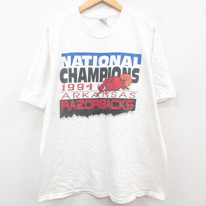 XL★古着 ヘインズ Hanes 半袖 ビンテージ Tシャツ メンズ 90年代 90s RAZORBACKS バスケットボール 大きいサイズ コットン クルーネック USA製 白 ホワイト 23aug18 中古