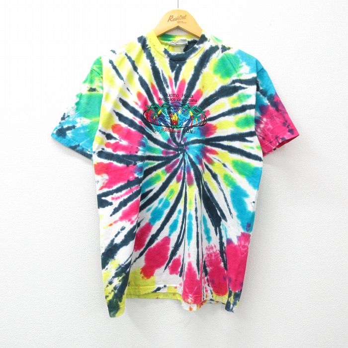 L★古着 半袖 ビンテージ Tシャツ メンズ 00年代 00s ヤシの木 家 刺繍 クルーネック 黄他 イエロー タイダイ 24feb12 中古