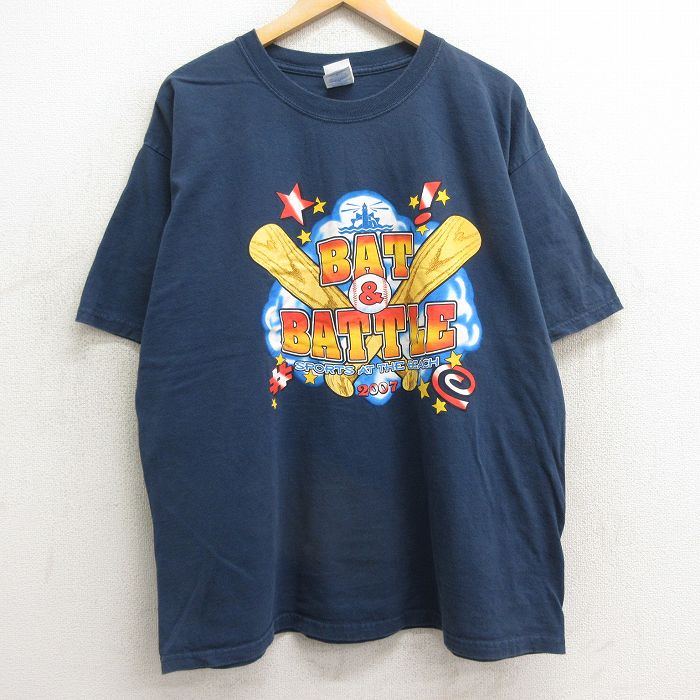 XL★古着 半袖 ビンテージ Tシャツ メンズ 00年代 00s BAT&BATTLE 大きいサイズ コットン クルーネック 紺 ネイビー 24feb13 中古