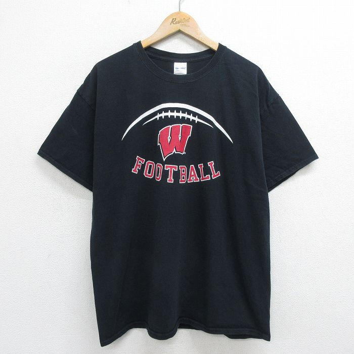 XL★古着 半袖 ビンテージ Tシャツ メンズ 00年代 00s ウィスコンシン 大学 アメフト コットン クルーネック 黒 ブラック 24feb14 中古