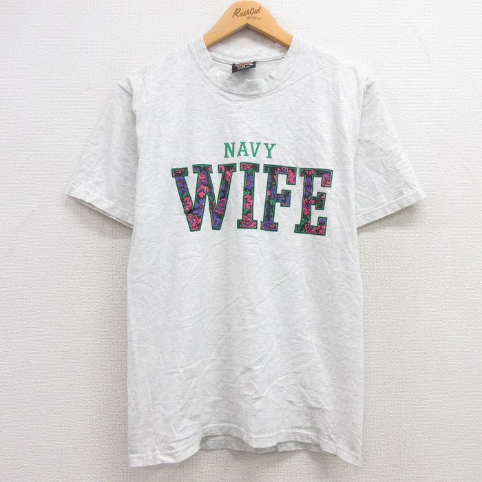 M★古着 半袖 ビンテージ Tシャツ メンズ 90年代 90s NAVY WIFE コットン クルーネック USA製 薄グレー 霜降り 24feb16 中古