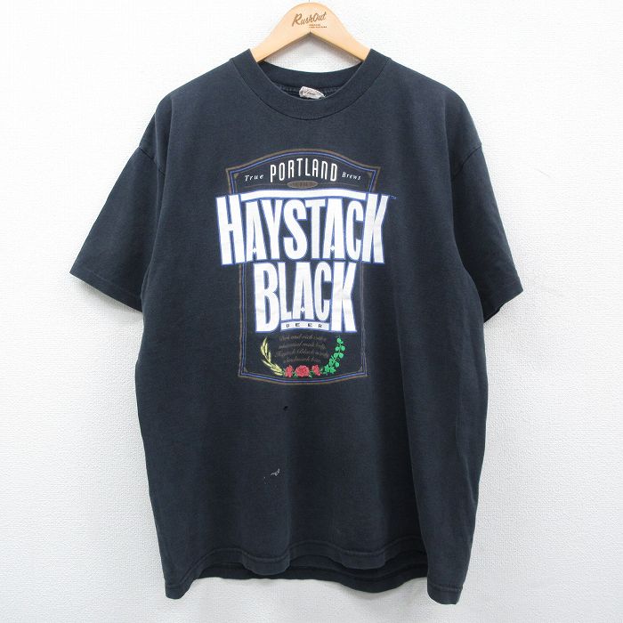 XL★古着 半袖 ビンテージ Tシャツ メンズ 90年代 90s HAYSTACK BLACK ビール 大きいサイズ コットン クルーネック USA製 黒 ブラック 24feb19 中古