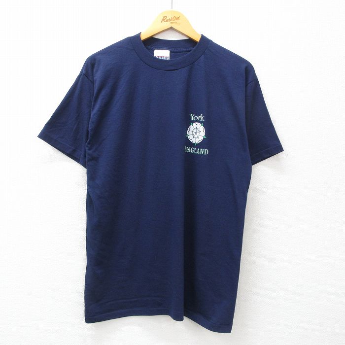 【50%OFF】L★古着 半袖 ビンテージ Tシャツ メンズ 90年代 90s ヨーク イングランド クルーネック カナダ製 紺 ネイビー 24feb21 中古