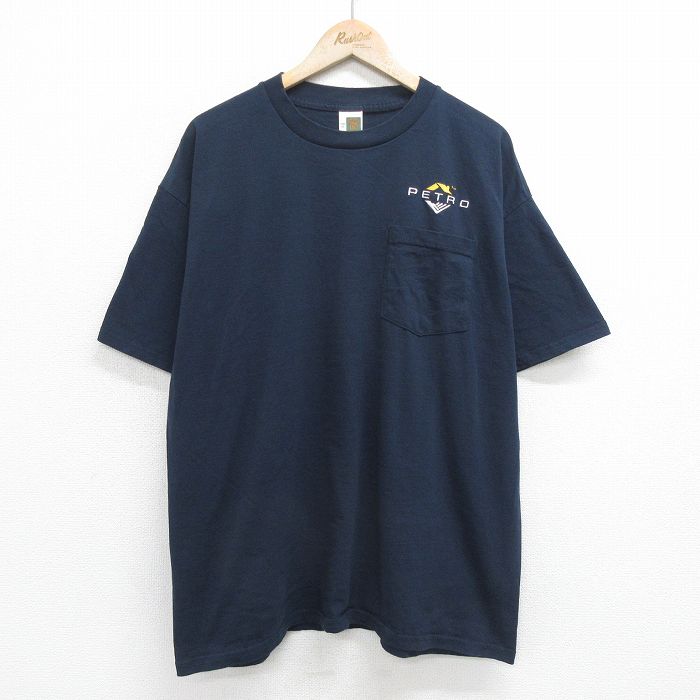 【50%OFF】XL★古着 半袖 ビンテージ Tシャツ メンズ 00年代 00s PETRO 胸ポケット付き 大きいサイズ コットン クルーネック 紺 ネイビー 24feb21 中古