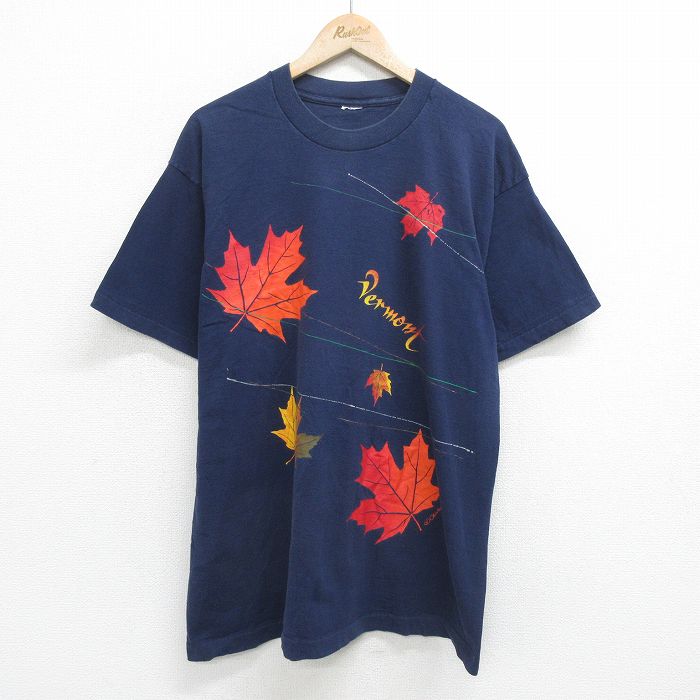 XL★古着 半袖 ビンテージ Tシャツ メンズ 90年代 90s 紅葉 大きいサイズ クルーネック 紺 ネイビー 【spe】 24feb21 中古