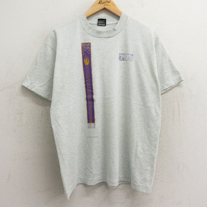 L★古着 フルーツオブザルーム 半袖 ビンテージ Tシャツ メンズ 90年代 90s 小麦 ハートランド クルーネック USA製 薄グレー 霜降り 【spe】 24feb22 中古