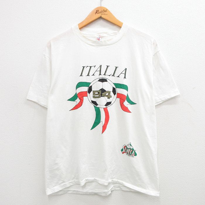 L★古着 ヘインズ Hanes 半袖 ビンテージ Tシャツ メンズ 90年代 90s イタリア サッカー クルーネック USA製 白 ホワイト 24feb22 中古