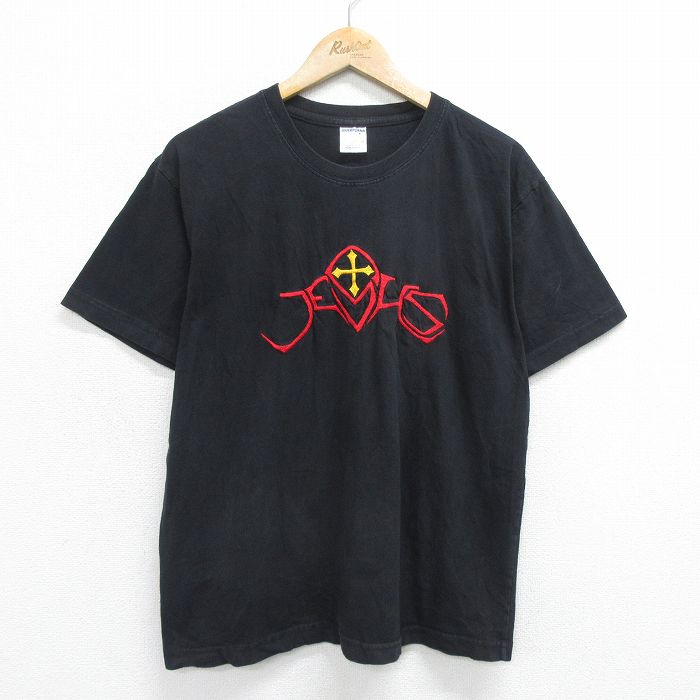 【50%OFF】L★古着 半袖 ビンテージ Tシャツ メンズ 90年代 90s JESUS 刺繍 コットン クルーネック 黒 ブラック 24feb22 中古