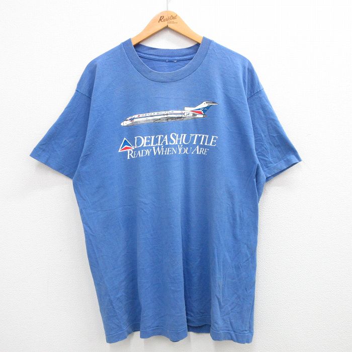 XL★古着 半袖 ビンテージ Tシャツ メンズ 90年代 90s デルタシャトル 飛行機 大きいサイズ クルーネック 紺 ネイビー 24feb23 中古