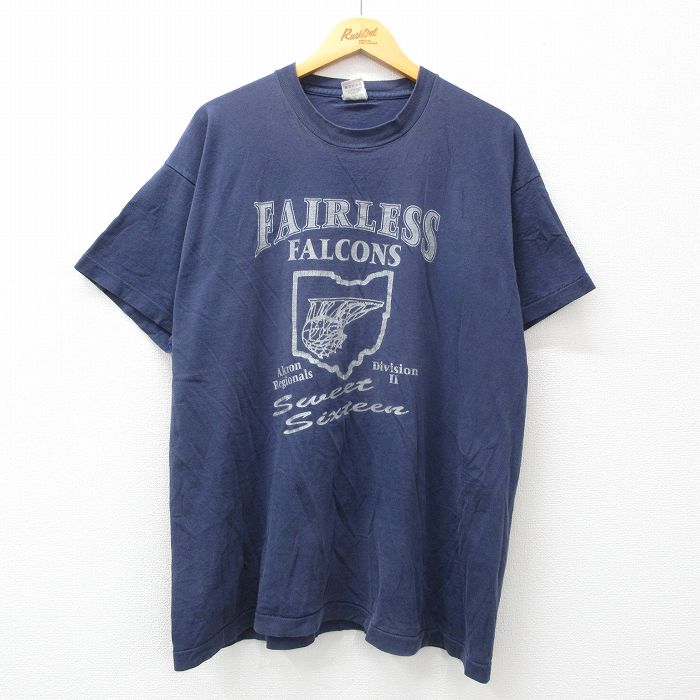 【50%OFF】XL★古着 フルーツオブザルーム 半袖 ビンテージ Tシャツ メンズ 90年代 90s フェアレス ファルコンズ 大きいサイズ コットン クルーネック USA製 紺 ネイビー 24feb23 中古