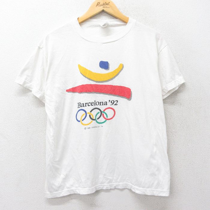 L★古着 半袖 ビンテージ Tシャツ メンズ 90年代 90s バルセロナオリンピック クルーネック 白 ホワイト 24feb23 中古