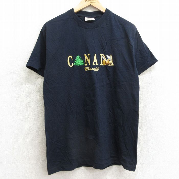 M★古着 半袖 ビンテージ Tシャツ メンズ 90年代 90s カナダ シカ 刺繍 コットン クルーネック 濃紺 ネイビー 24feb24 中古