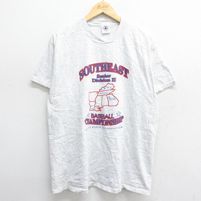 XL★古着 半袖 ビンテージ Tシャツ メンズ 90年代 90s 野球 SOUTHEAST クルーネック 薄グレー 霜降り 24feb26 中古