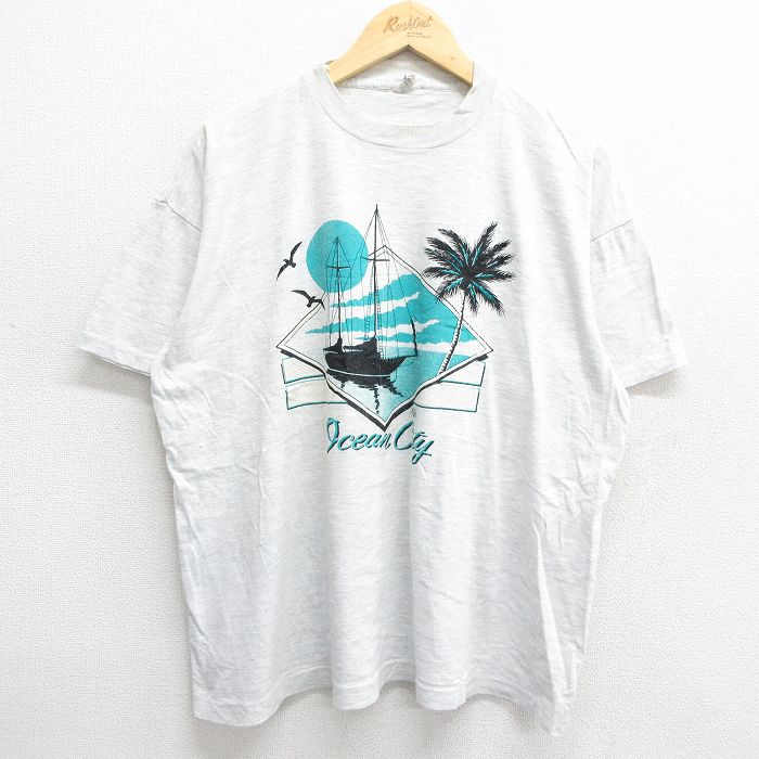 XL★古着 半袖 ビンテージ Tシャツ メンズ 90年代 90s ヨット ヤシの木 オーシャンシティ 大きいサイズ コットン クルーネック 薄グレー 霜降り 24feb27 中古