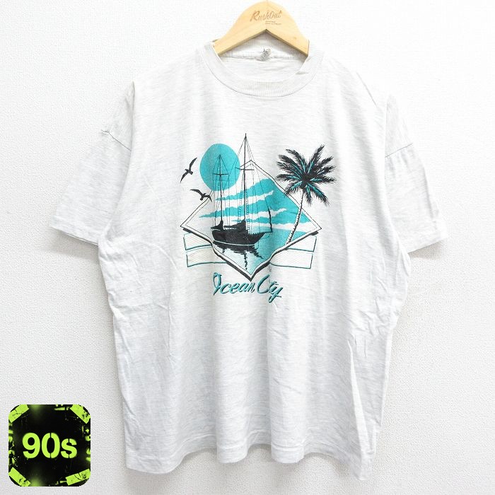 90s 半袖Tシャツ ヨット ヤシの木 オーシャンシティ グレー XL | 古着