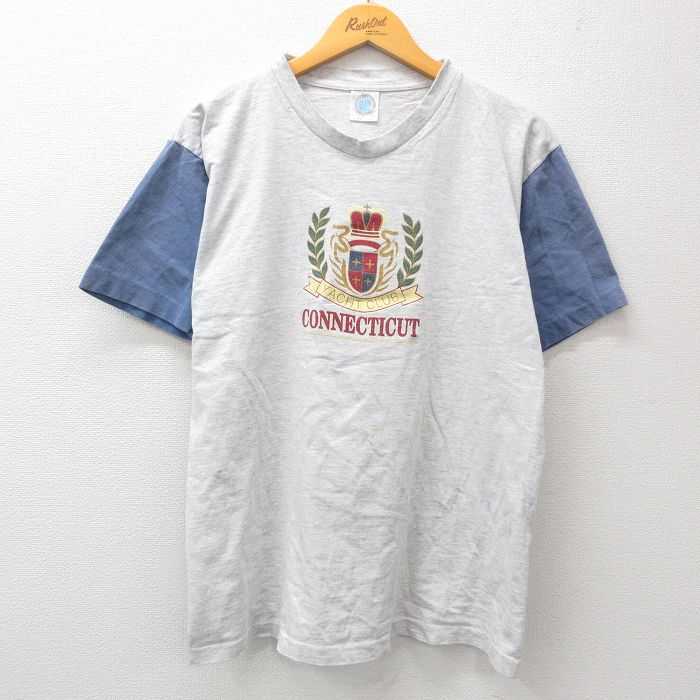 L★古着 半袖 ビンテージ Tシャツ メンズ 90年代 90s ヨットクラブ コネチカット ツートンカラー コットン クルーネック 薄グレー他 霜降り 24feb28 中古