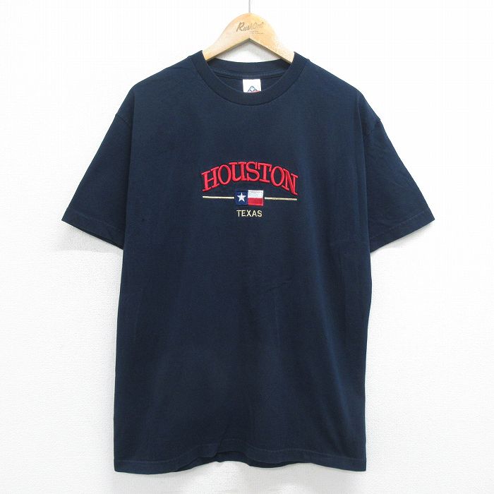 【50%OFF】L★古着 半袖 ビンテージ Tシャツ メンズ 00年代 00s ヒューストン テキサス 刺繍 コットン クルーネック 紺 ネイビー 24feb29 中古