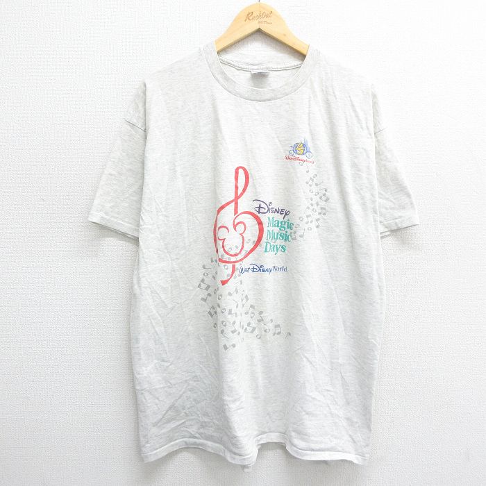 【30%OFF】XL★古着 半袖 ビンテージ Tシャツ メンズ 90年代 90s ディズニー DISNEY ミッキー MICKEY MOUSE 音符 大きいサイズ クルーネック 薄グレー 霜降り 24mar01 中古