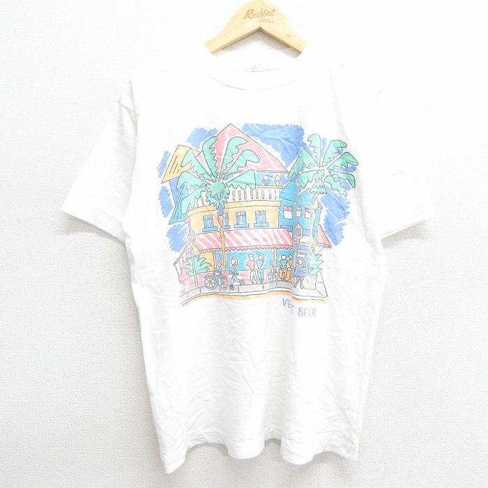 L★古着 半袖 ビンテージ Tシャツ メンズ 90年代 90s ベニスビーチ ヤシの木 コットン クルーネック 白 ホワイト 24mar01 中古