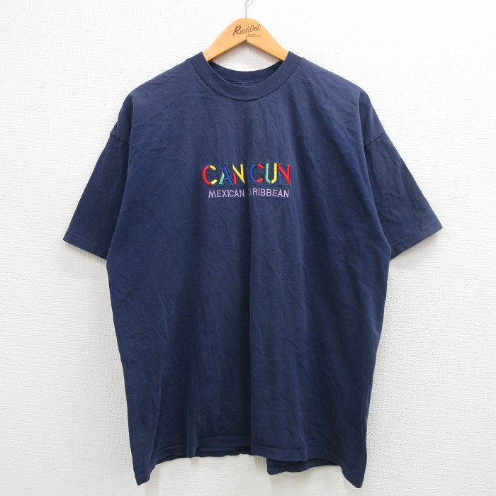 【50%OFF】XL★古着 半袖 ビンテージ Tシャツ メンズ 90年代 90s カンクン 刺繍 大きいサイズ コットン クルーネック 紺 ネイビー 24mar01 中古