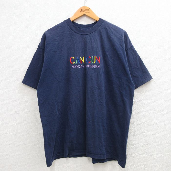 XL★古着 半袖 ビンテージ Tシャツ メンズ 90年代 90s カンクン 刺繍 大きいサイズ コットン クルーネック 紺 ネイビー 24mar01 中古