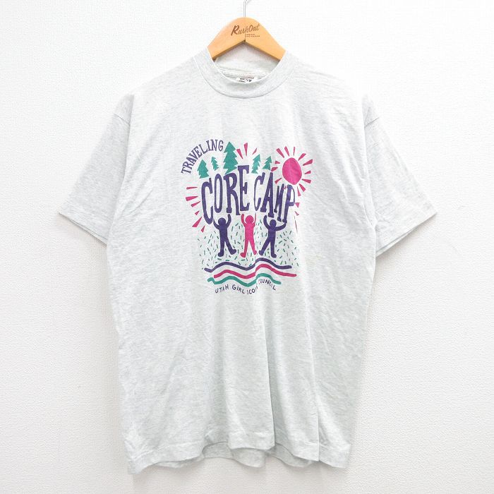 【50%OFF】L★古着 フルーツオブザルーム 半袖 ビンテージ Tシャツ メンズ 90年代 90s CORE CAMP 太陽 クルーネック USA製 薄グレー 霜降り 24mar01 中古
