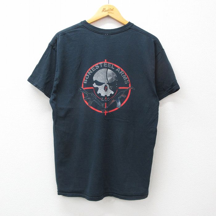 XL★古着 半袖 ビンテージ Tシャツ メンズ 00年代 00s スカル 銃 ARMS コットン クルーネック 黒 ブラック 24mar02 中古