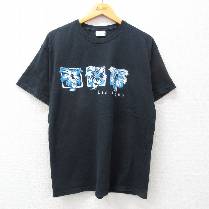 【50%OFF】L★古着 ヘインズ Hanes 半袖 ビンテージ Tシャツ メンズ 00年代 00s ヤシの木 ラスベガス コットン クルーネック 黒 ブラック 24mar02 中古