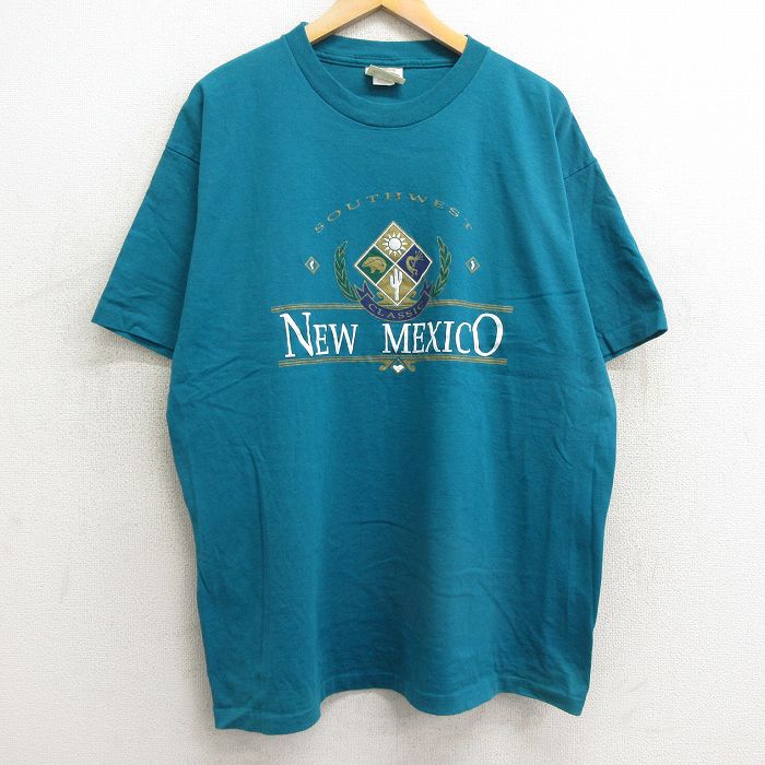 XL★古着 半袖 ビンテージ Tシャツ メンズ 90年代 90s ニューメキシコ 大きいサイズ コットン クルーネック 青緑 24mar05 中古