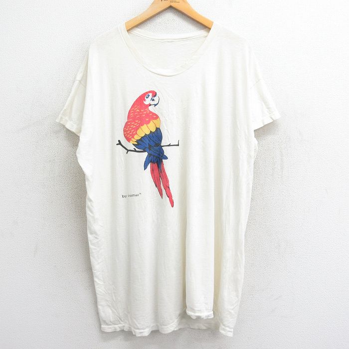 XL★古着 半袖 ビンテージ Tシャツ メンズ 90年代 90s オウム 大きいサイズ ロング丈 クルーネック 白 ホワイト 24mar05 中古