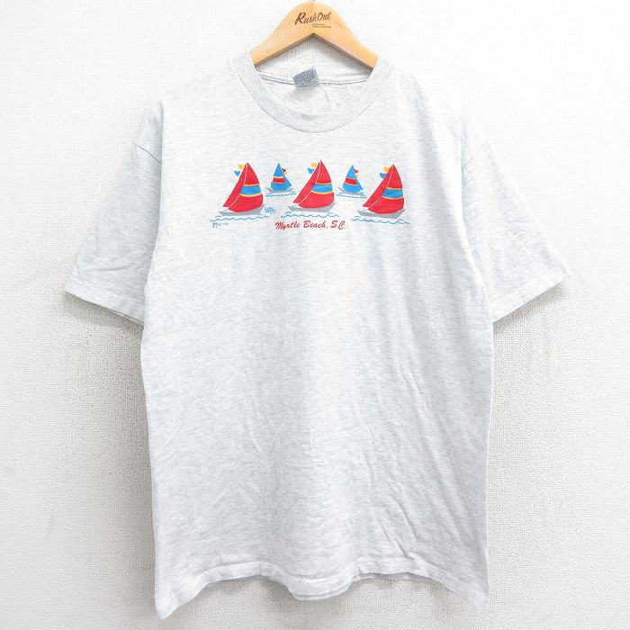 XL★古着 半袖 ビンテージ Tシャツ メンズ 90年代 90s ヨット コットン クルーネック USA製 薄グレー 霜降り 24mar06 中古