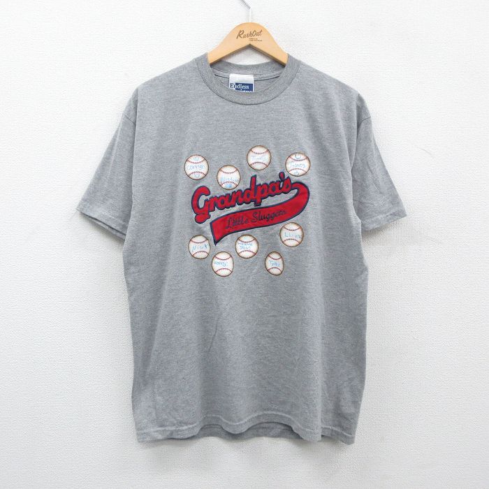 L★古着 半袖 ビンテージ Tシャツ メンズ 90年代 90s グランパ 野球 クルーネック USA製 グレー 霜降り 24mar06 中古