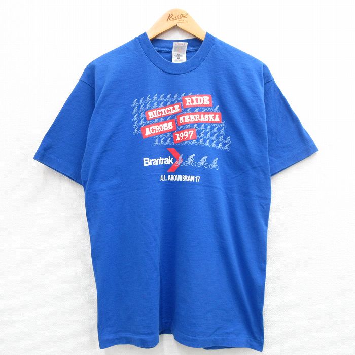 L★古着 フルーツオブザルーム 半袖 ビンテージ Tシャツ メンズ 90年代 90s 自転車 Brantrak コットン クルーネック 青 ブルー 24mar07 中古