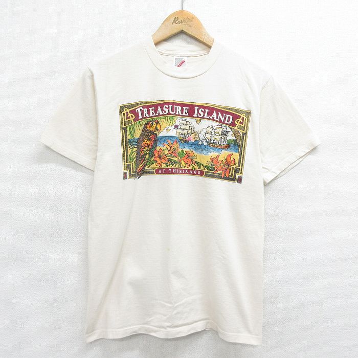 M★古着 ジャージーズ 半袖 ビンテージ Tシャツ メンズ 90年代 90s トレジャーアイランド 船 インコ コットン クルーネック USA製 生成り 24mar08 中古