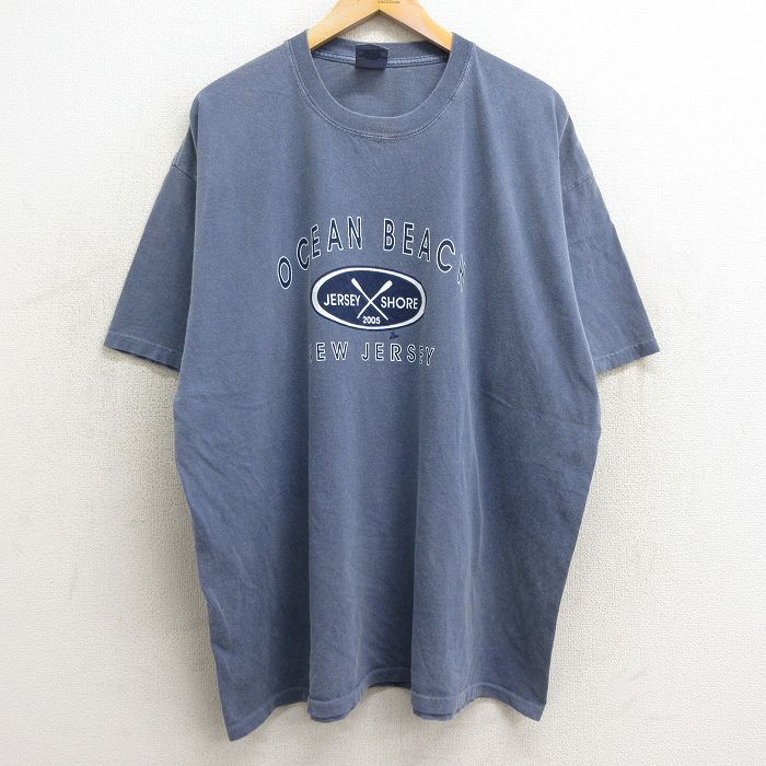 XL★古着 半袖 ビンテージ Tシャツ メンズ 00年代 00s オーシャン ビーチ ニュージャージー 大きいサイズ コットン クルーネック 薄紺 ネイビー 24mar11 中古